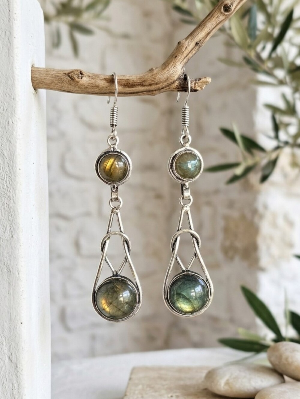 925 Sterling Silver Genuine Labradorite Drop Earrings Bohemian Wire Wrap 2.8"